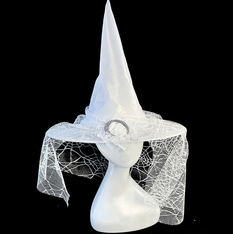 Halloween Party Witch Hat Lace Face Mysterious Sorcerer White Witch Hat Polyester Taff Shirt Hat Costume