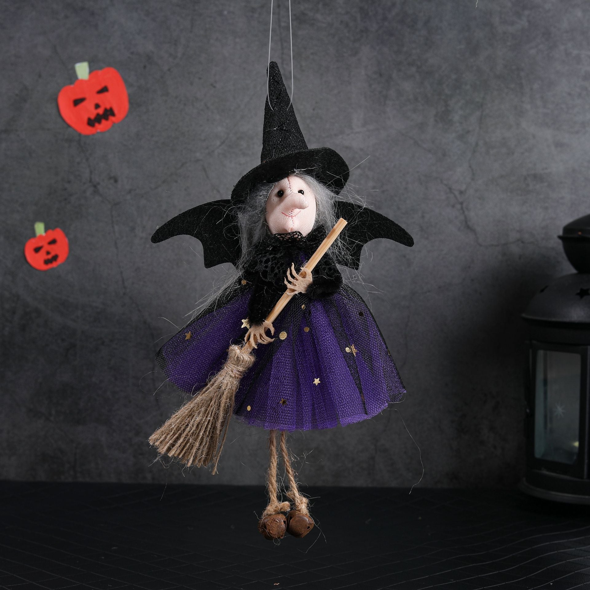 Halloween Witch with Broom Gauze Skirt Hanging Ornament
