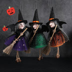 Halloween Witch with Broom Gauze Skirt Hanging Ornament