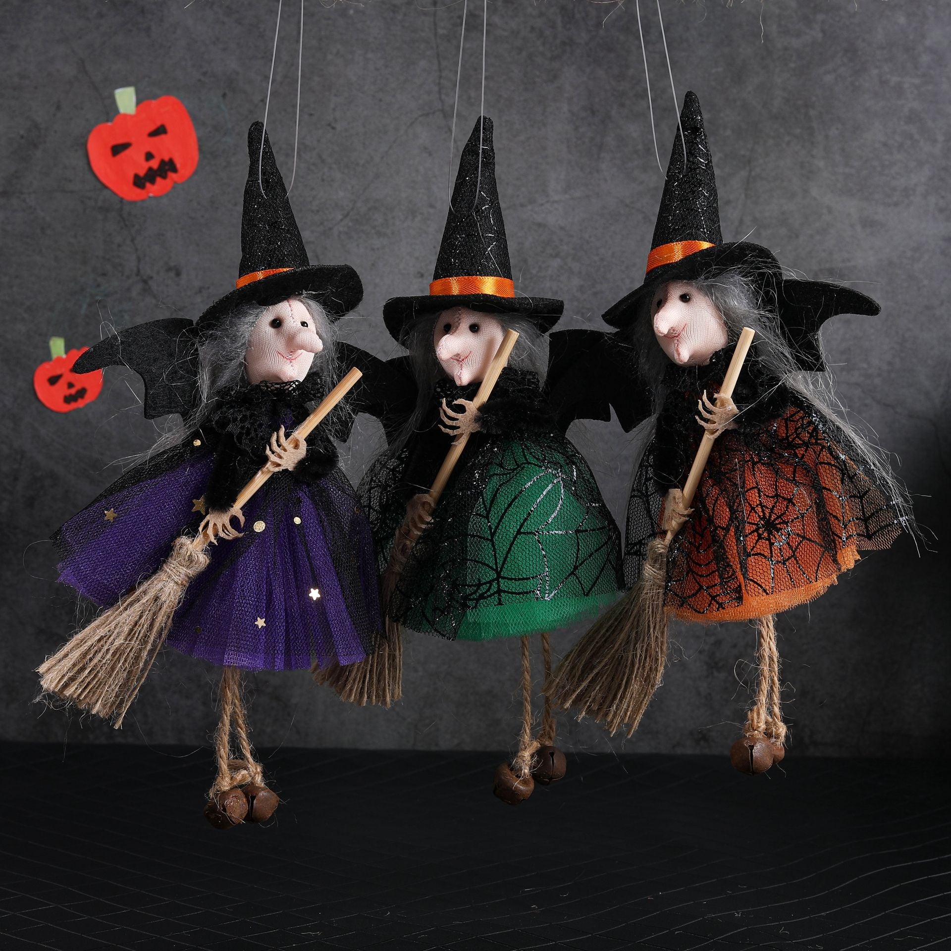 Halloween Witch with Broom Gauze Skirt Hanging Ornament