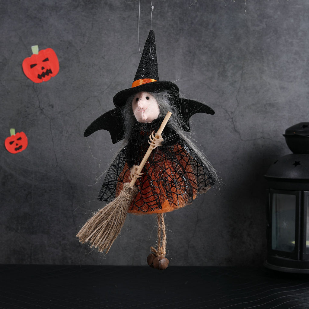 Halloween Witch with Broom Gauze Skirt Hanging Ornament
