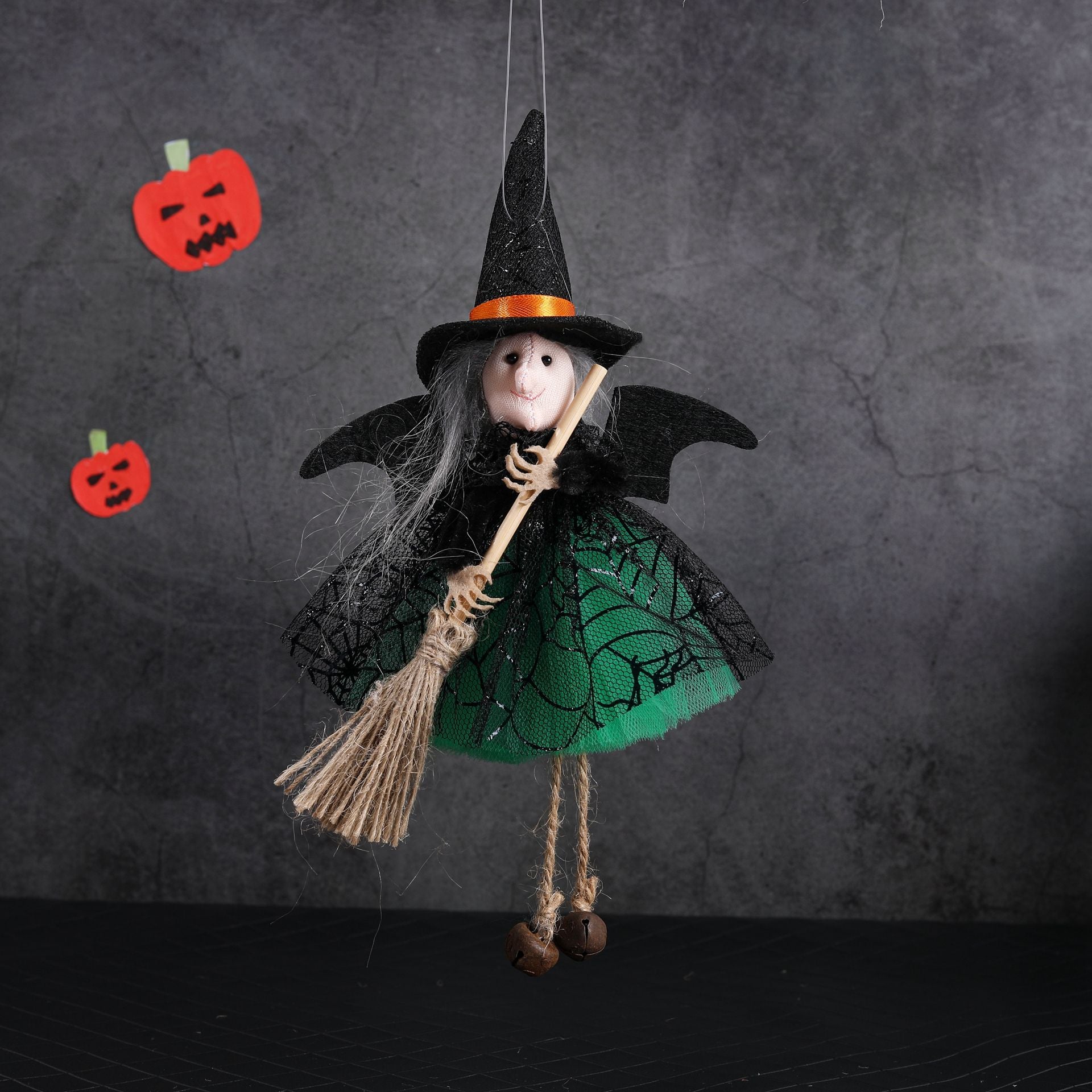 Halloween Witch with Broom Gauze Skirt Hanging Ornament