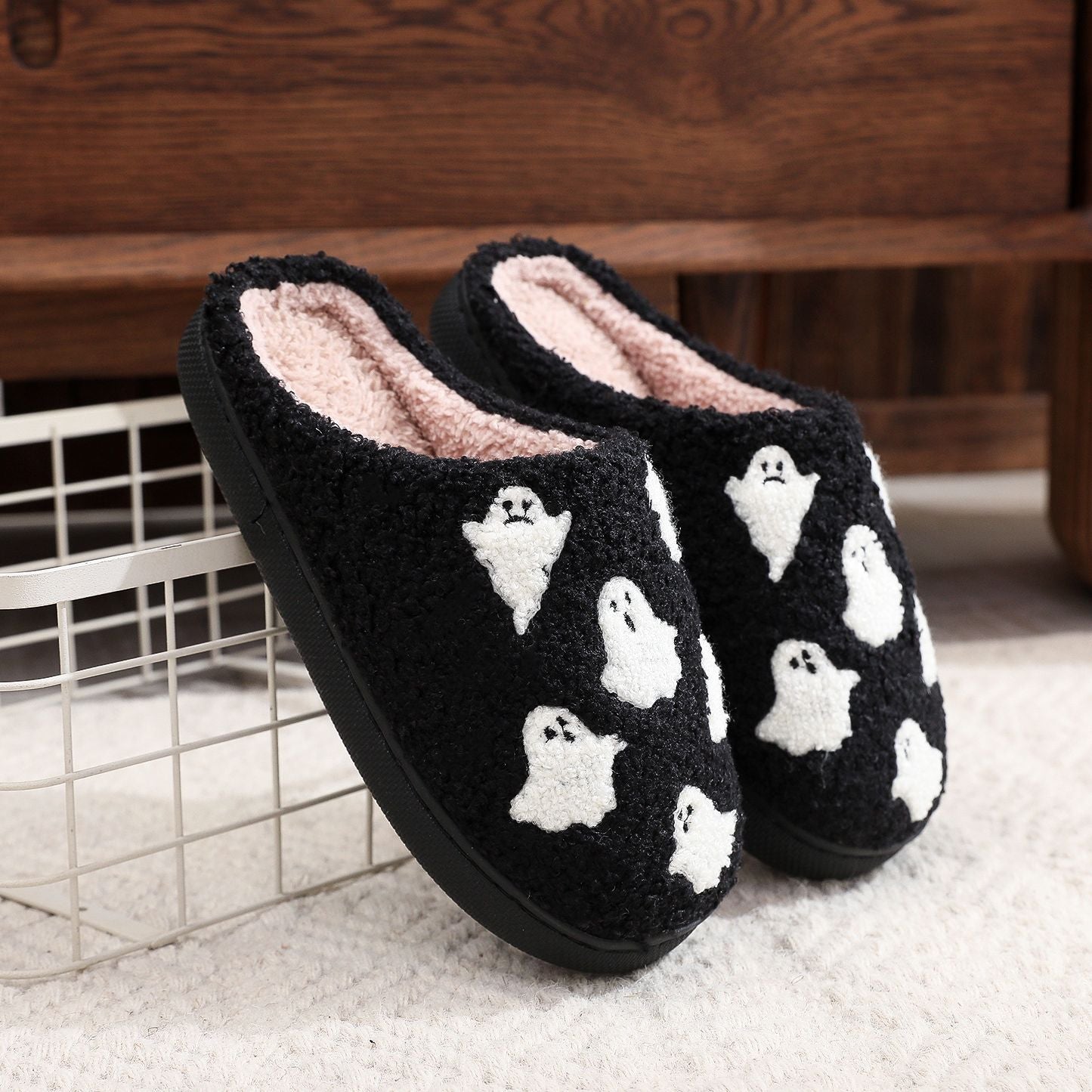 Halloween Cotton Slippers for Men Women Winter Warm Skull Ghost Pumpkin Indoor Home Slippers