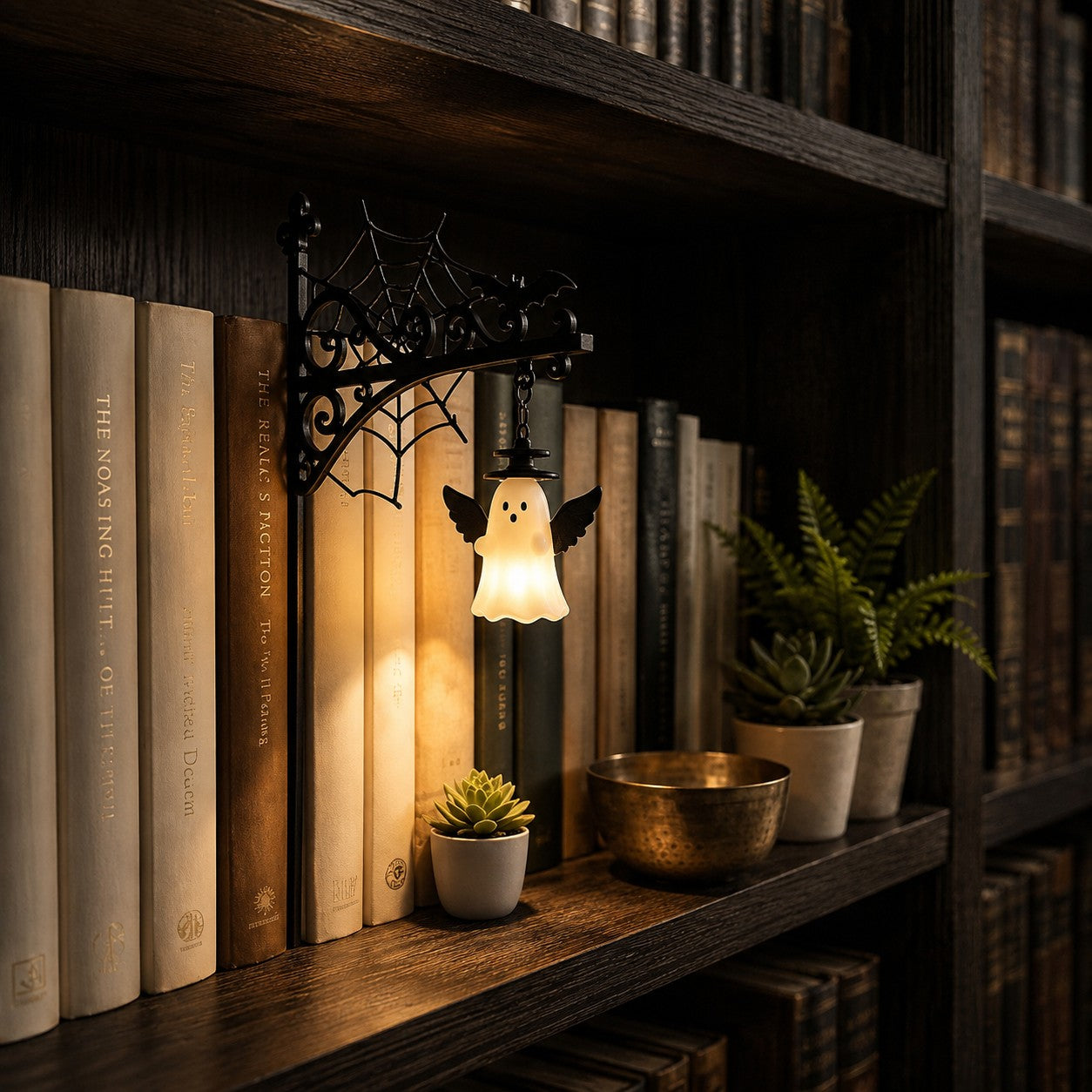 Angel Ghost Lantern – Spiderweb & Bat Bookshelf Light