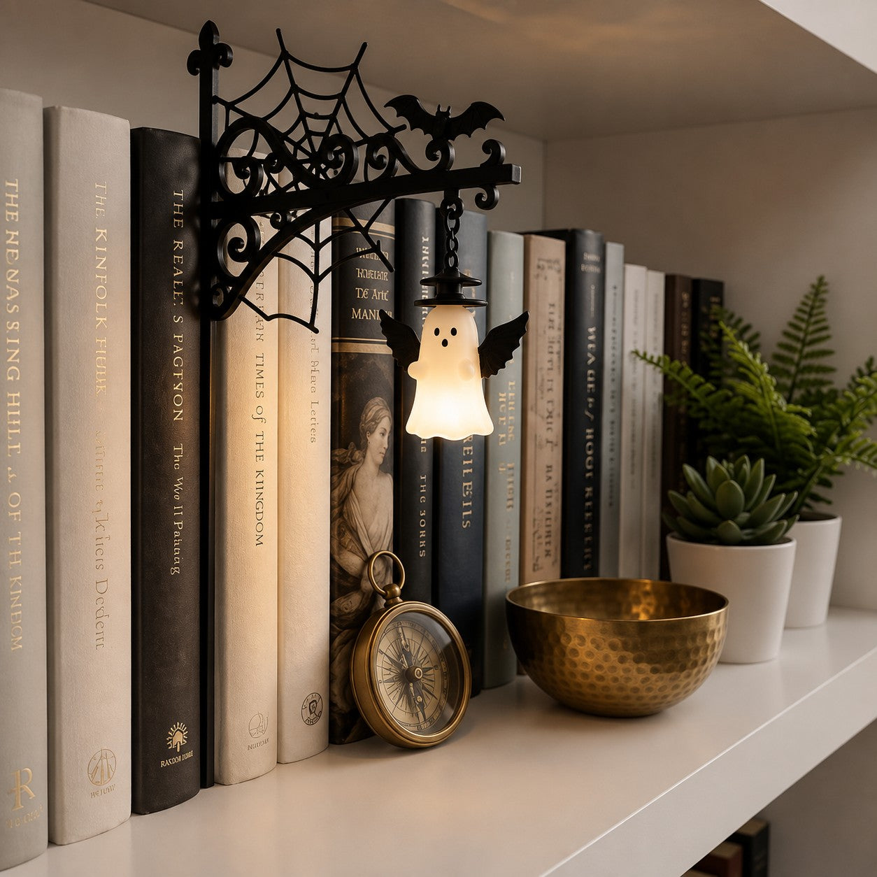 Angel Ghost Lantern – Spiderweb & Bat Bookshelf Light