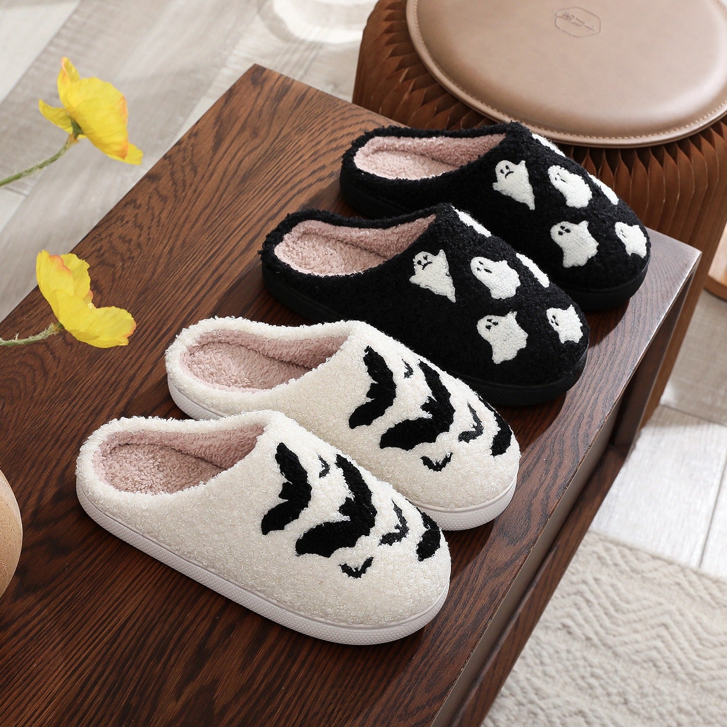 Halloween Cotton Slippers for Men Women Winter Warm Skull Ghost Pumpkin Indoor Home Slippers