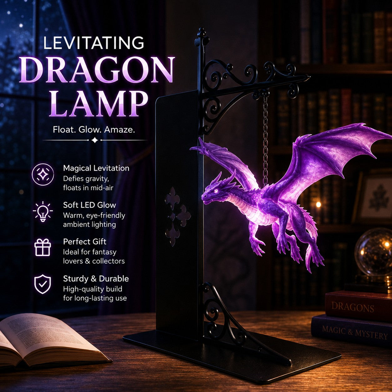 Library-decorated Floating Dragon Bookshelf Lamp