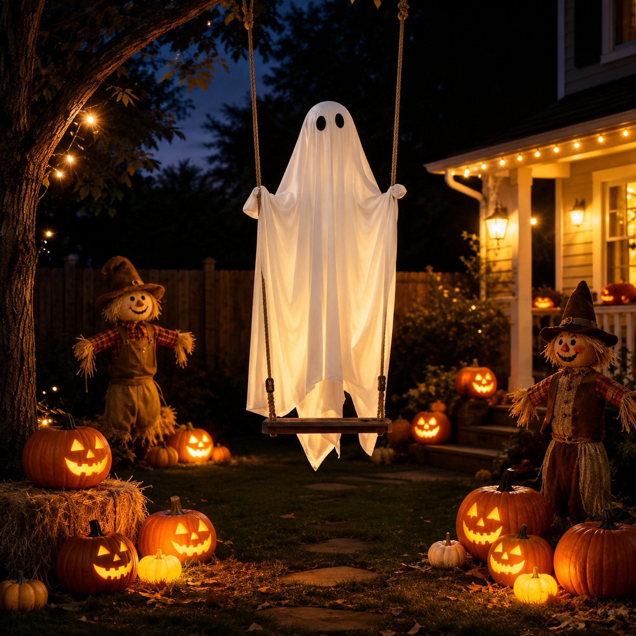 Large Hanging Swing Ghost Halloween Decoration with Lights