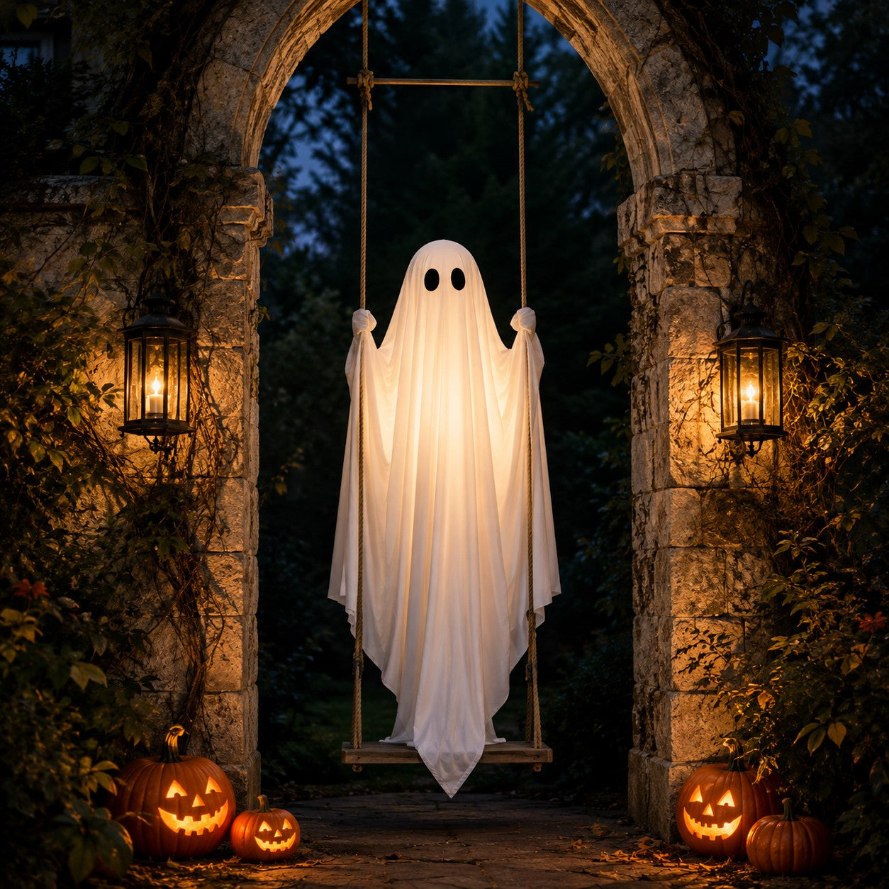 Large Hanging Swing Ghost Halloween Decoration with Lights